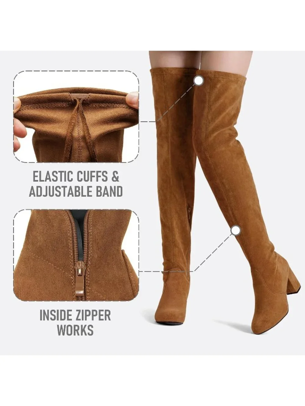 Women's Camel Closed Round Toe Block Heel Over The Knee High Boots